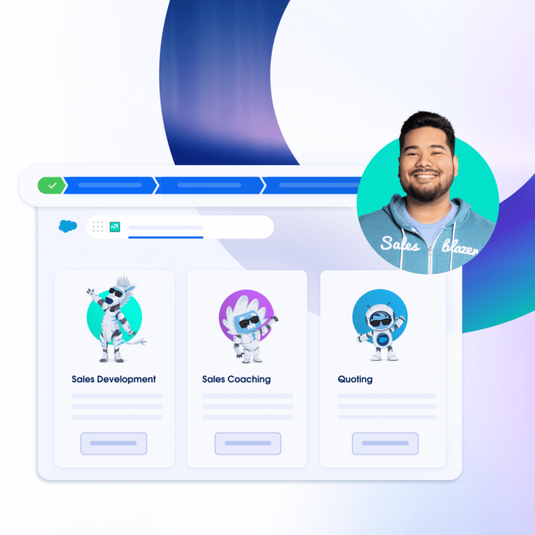 A web page shows modules representing sales development, sales coaching and quoting.