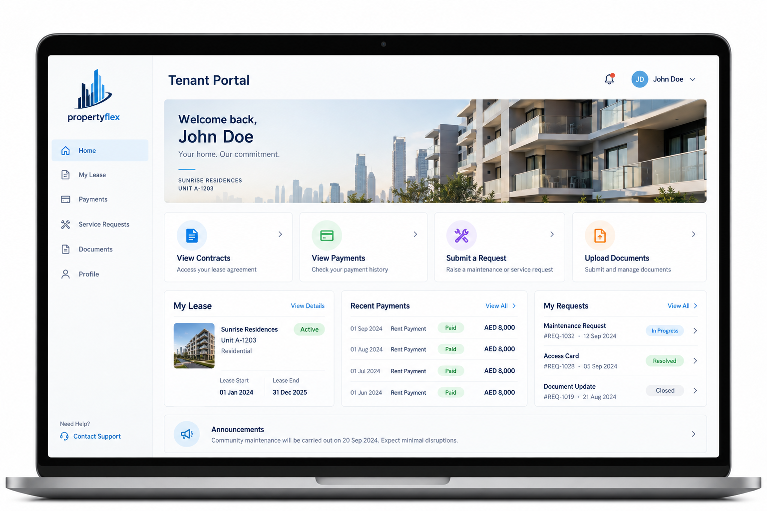 Salesforce for Real Estate Leasing and Property Management Software - PropertyFlex Tenant Portal Dashboard