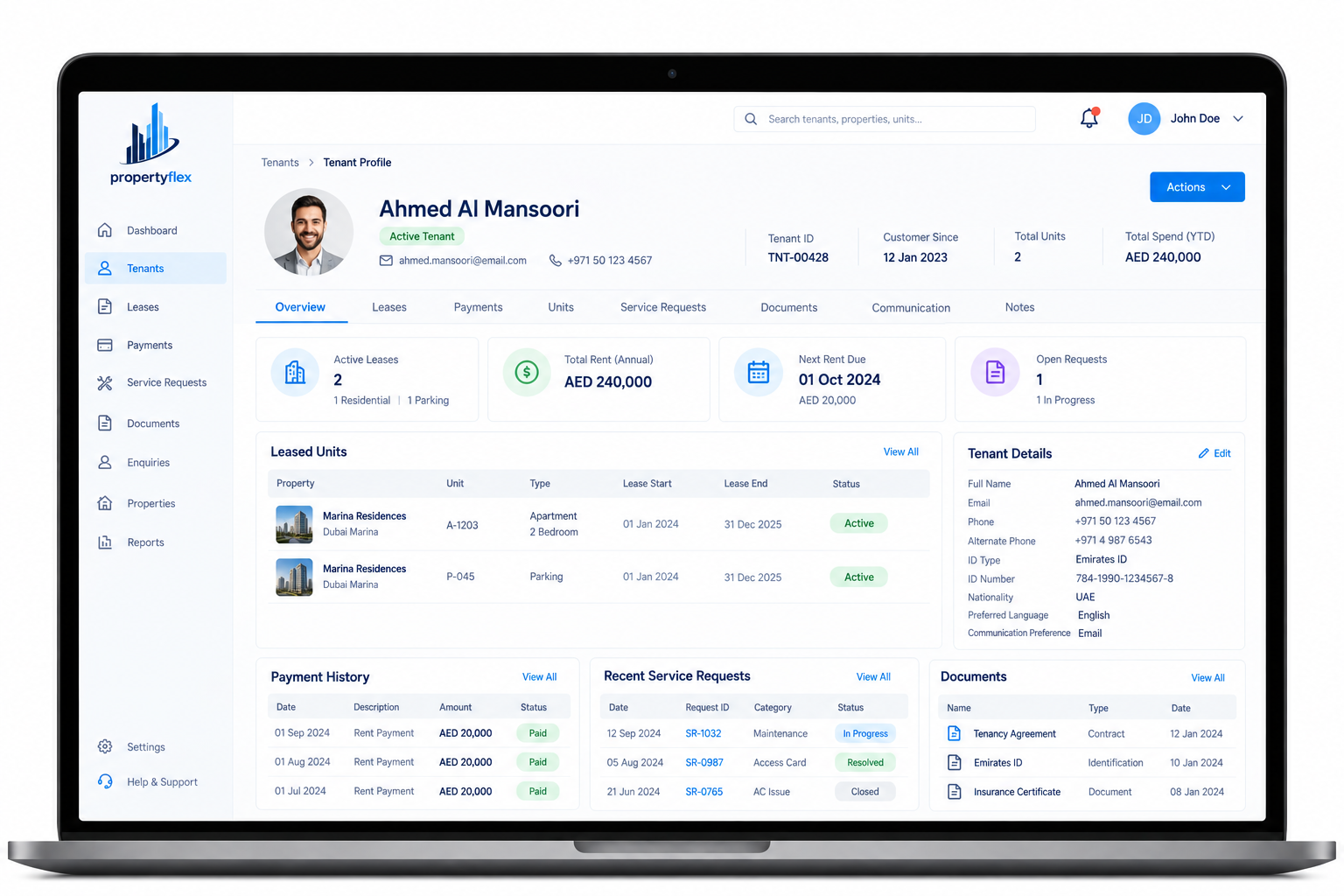 Salesforce for Real Estate Leasing and Property Management Software - PropertyFlex Tenants & Financials Dashboard