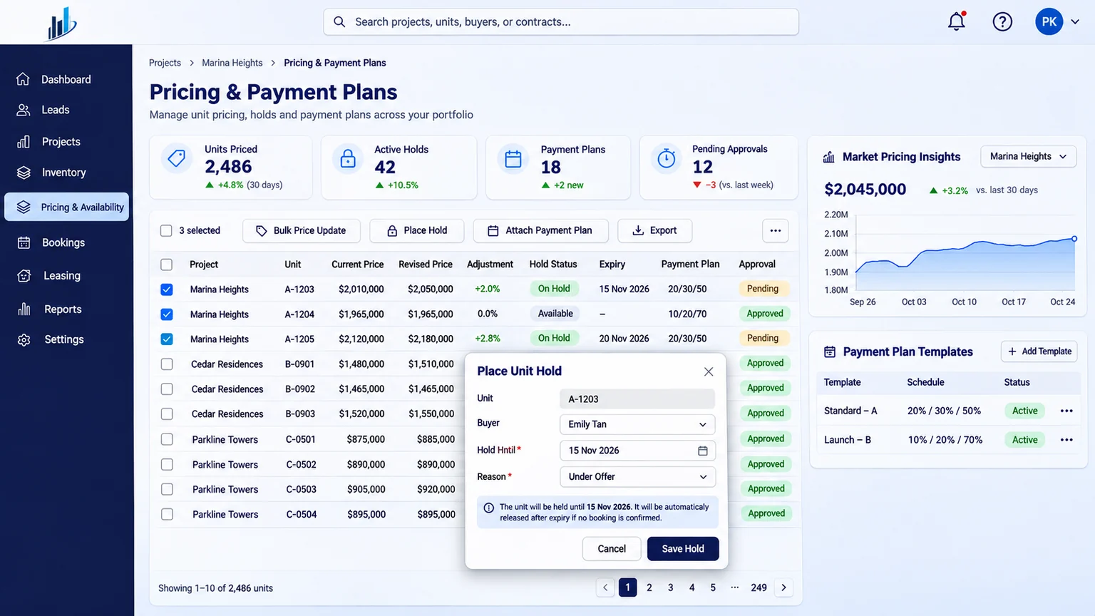 PropertyFlex pricing and payment plans on Salesforce: bulk price update, unit hold with expiry and market pricing insights