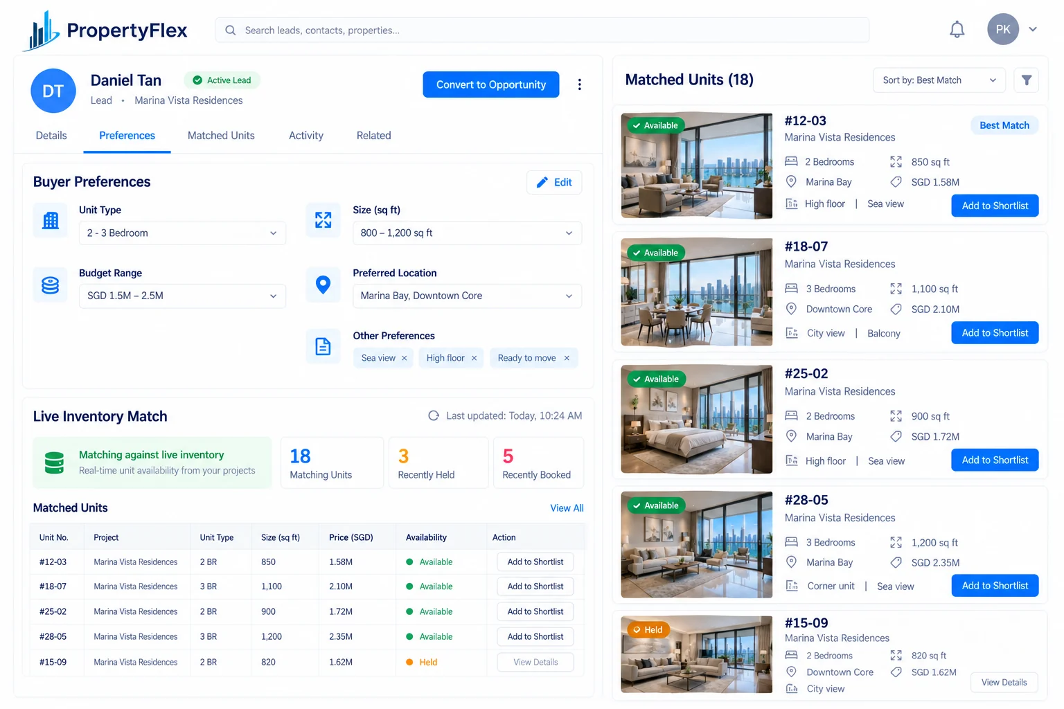 Buyer preferences matched against live unit inventory in PropertyFlex on Salesforce