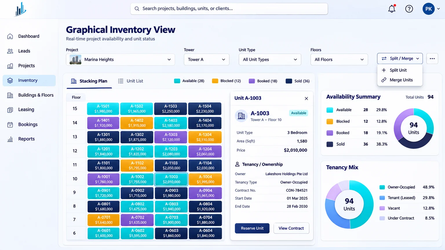 Graphical inventory view in PropertyFlex on Salesforce: colour-coded stacking plan with unit price, tenancy mix and split or merge