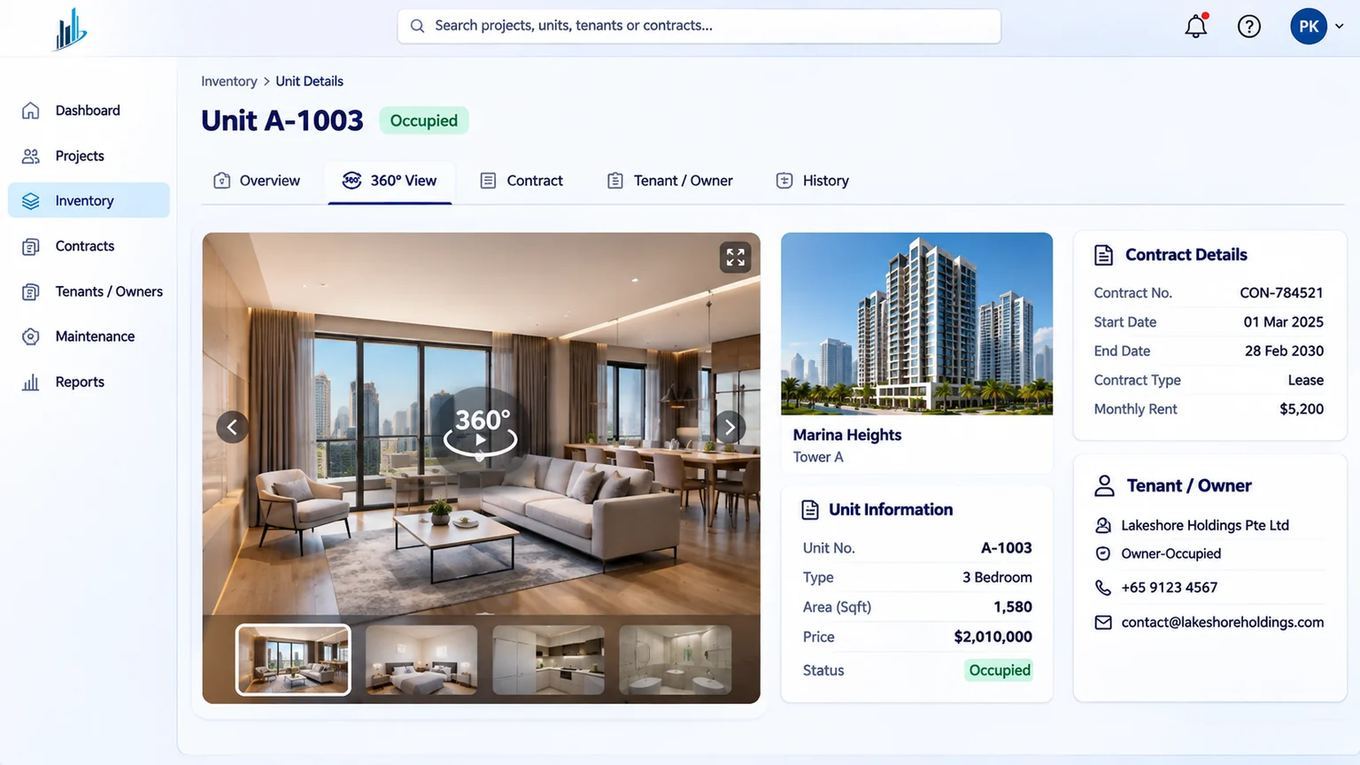 PropertyFlex unit record on Salesforce with 360-degree view, unit information, contract details and tenant or owner